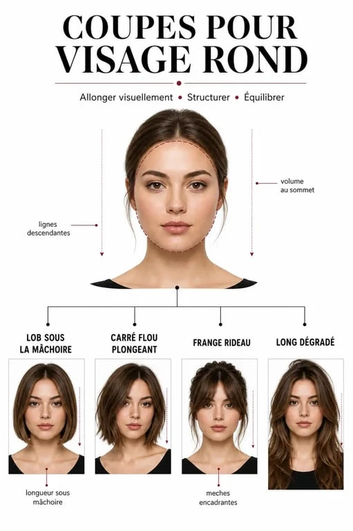 Visage rond coupe de cheveux : comparaison visuelle de coupes flatteuses pour affiner les traits