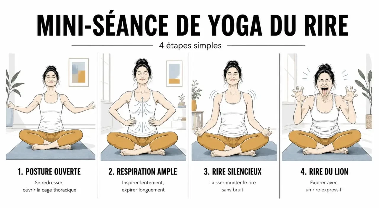 Yoga du rire exercices : mini-séance en 4 étapes avec posture, respiration et rires