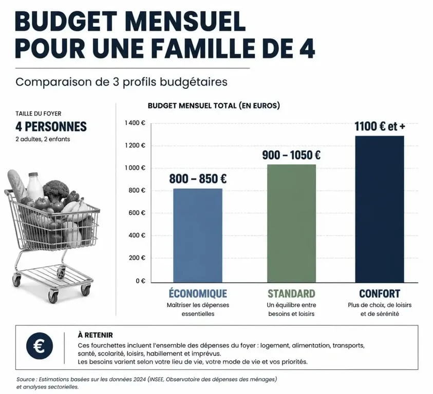 Infographie comparative du budget courses pour 4 personnes par mois 2025 selon les profils économique, standard et confort