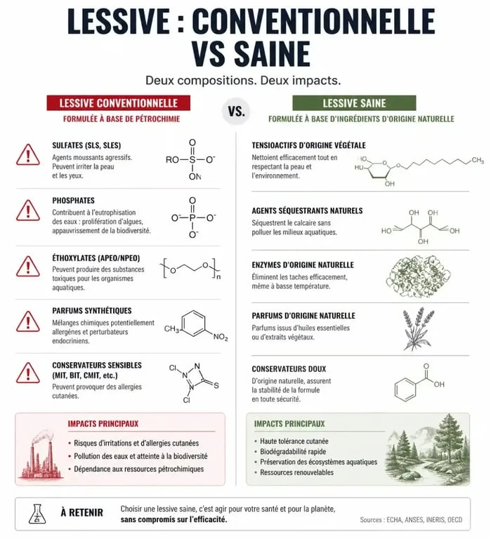 Infographie comparative des composants d'une lessive saine versus lessive conventionnelle