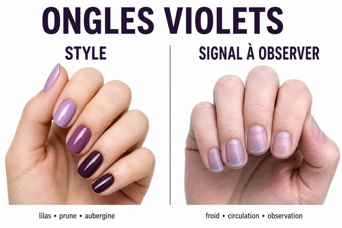 Ongles violet : illustration éditoriale montrant une manucure violette et des ongles naturellement bleu-violet