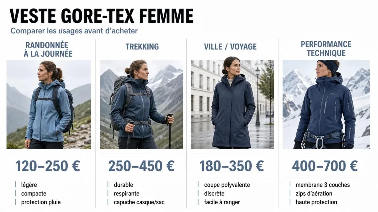 Comparatif éditorial des usages et des prix pour une veste gore tex femme