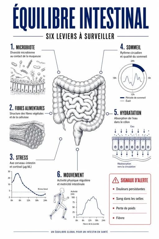 Infographie sur l’équilibre intestinal montrant microbiote, fibres, stress, sommeil et signaux d’alerte