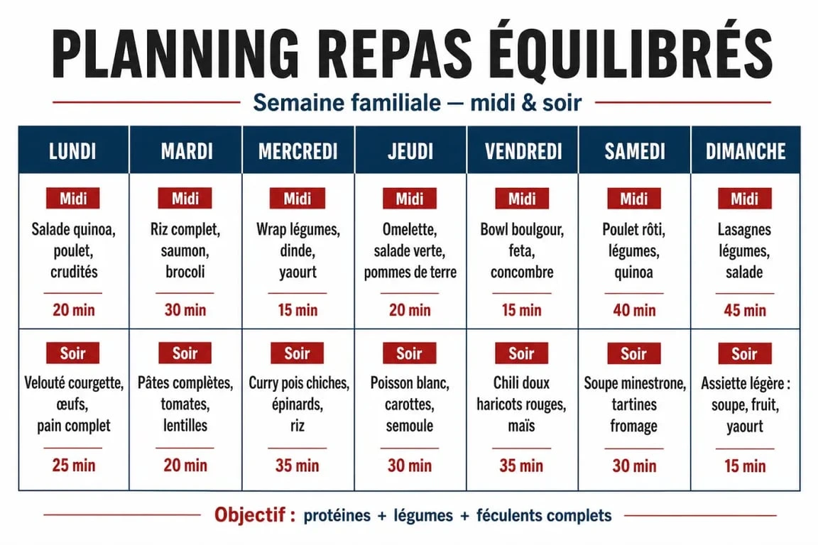 Planning menu équilibré semaine pour famille présenté en calendrier visuel sobre