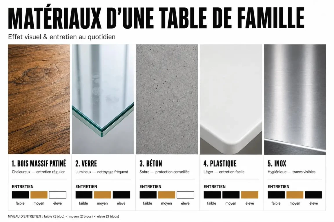 Table de famille : comparaison visuelle des matériaux, du bois au verre en passant par l’inox