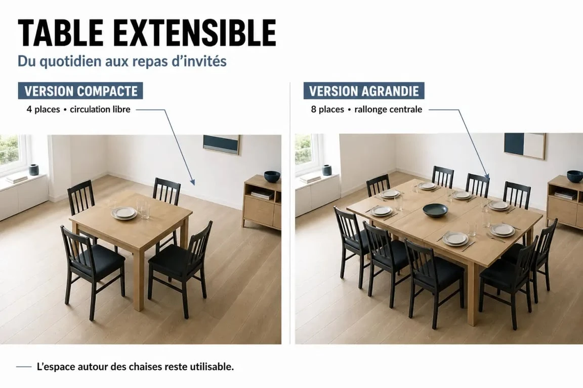 Table de famille extensible dans une salle à manger, compacte au quotidien et agrandie pour recevoir
