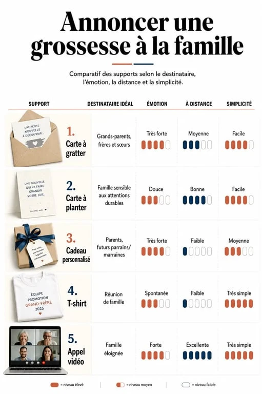 Infographie annonce grossesse famille comparant les supports d’annonce selon le destinataire et la distance