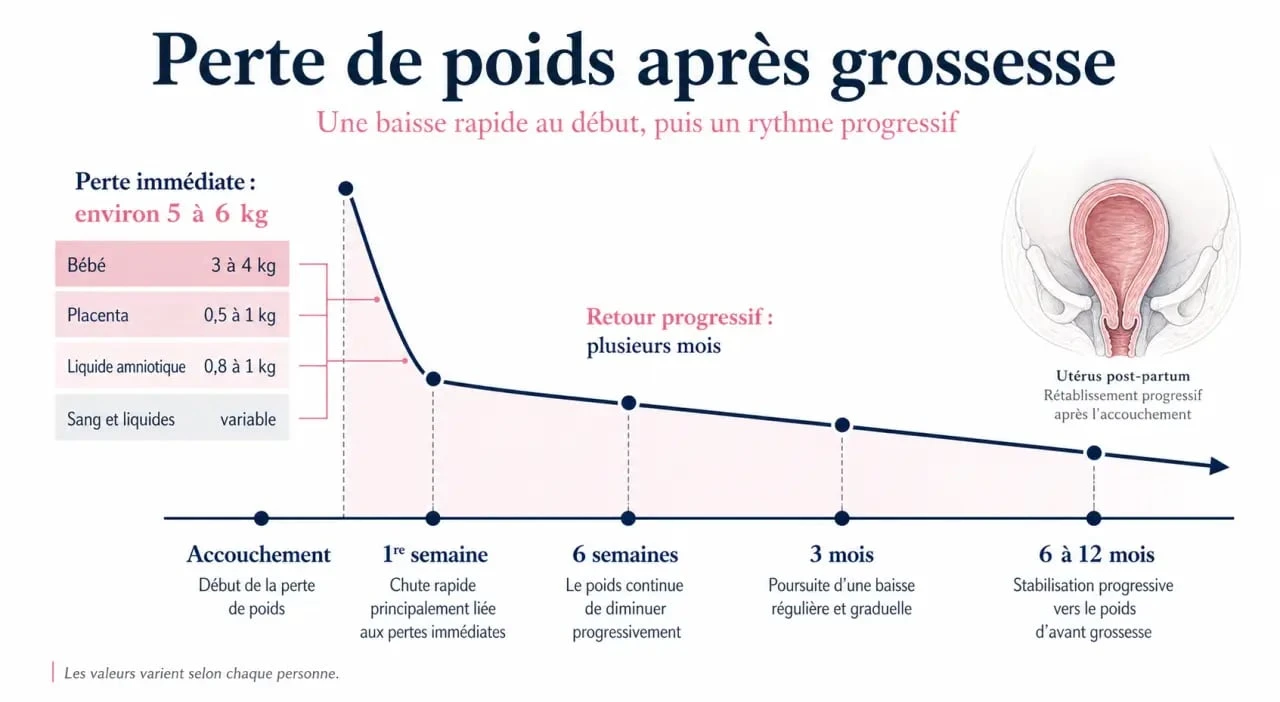 Perdre poids après grossesse : frise des kilos perdus après l’accouchement et des délais de retour au poids d’avant grossesse