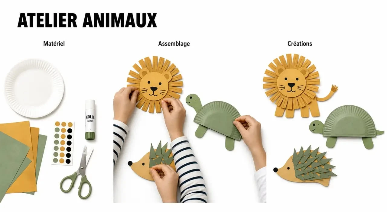 Activité manuelle animaux pour enfants avec atelier de bricolage et plusieurs animaux en papier et carton