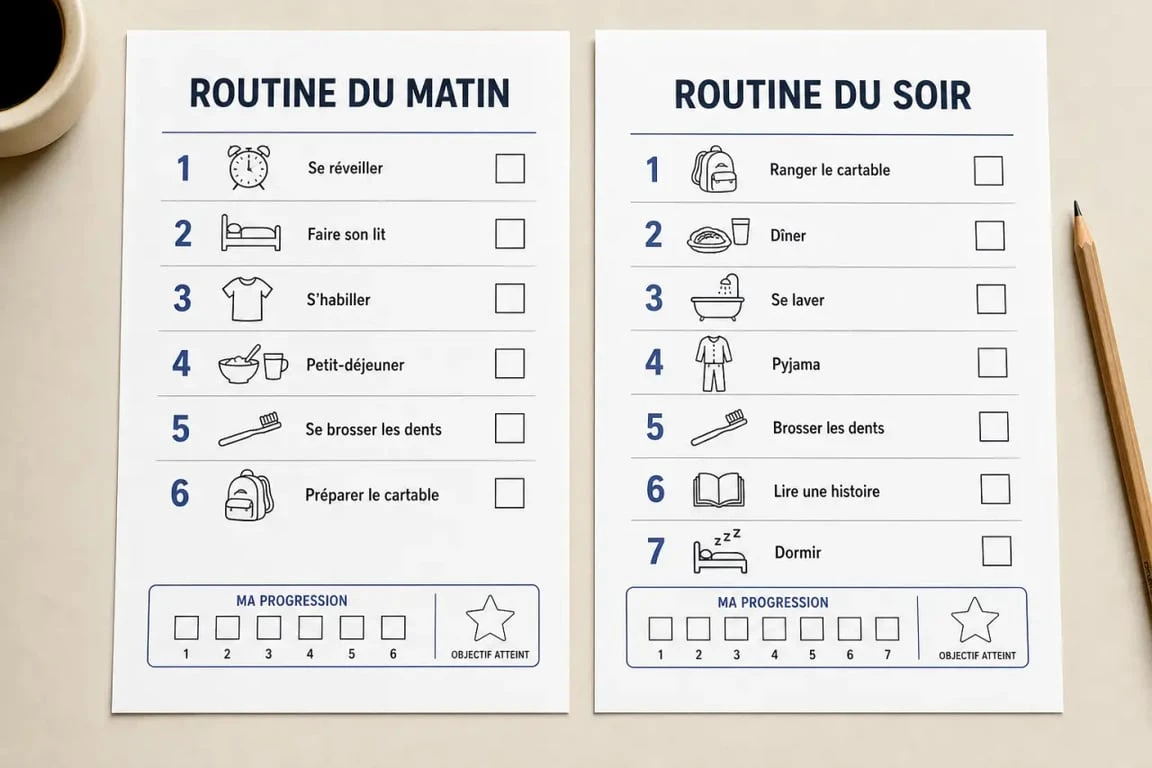 Aperçu d’un PDF routine du matin et du soir pour enfant avec pictogrammes et cases à cocher