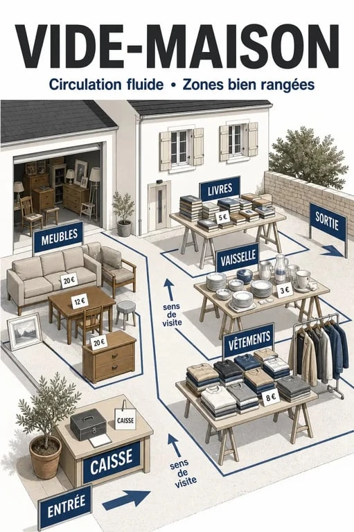 Organiser vide maison dans un garage avec tables, étiquettes de prix et zones de vente