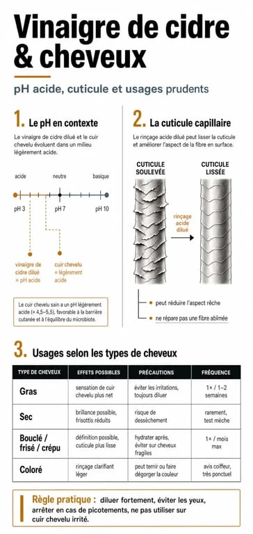 Infographie sur le vinaigre de cidre et cheveux : effets, dilution et précautions selon le type de cheveux
