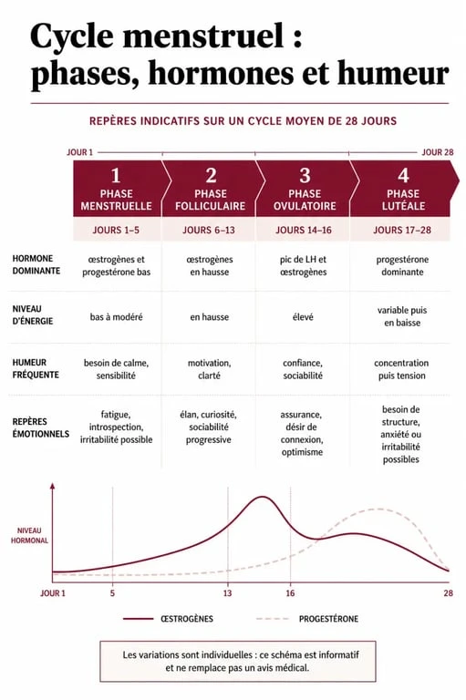 Infographie des 4 phases du cycle menstruel humeur avec les variations hormonales et émotionnelles