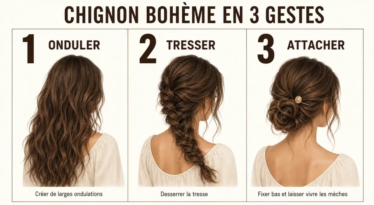 Coiffure bohème simple en trois étapes avec tresse décoiffée et chignon bas