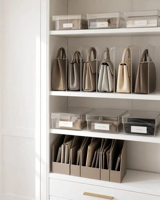 Ranger des sacs à main dans un dressing avec séparateurs, boîtes transparentes et rangement vertical