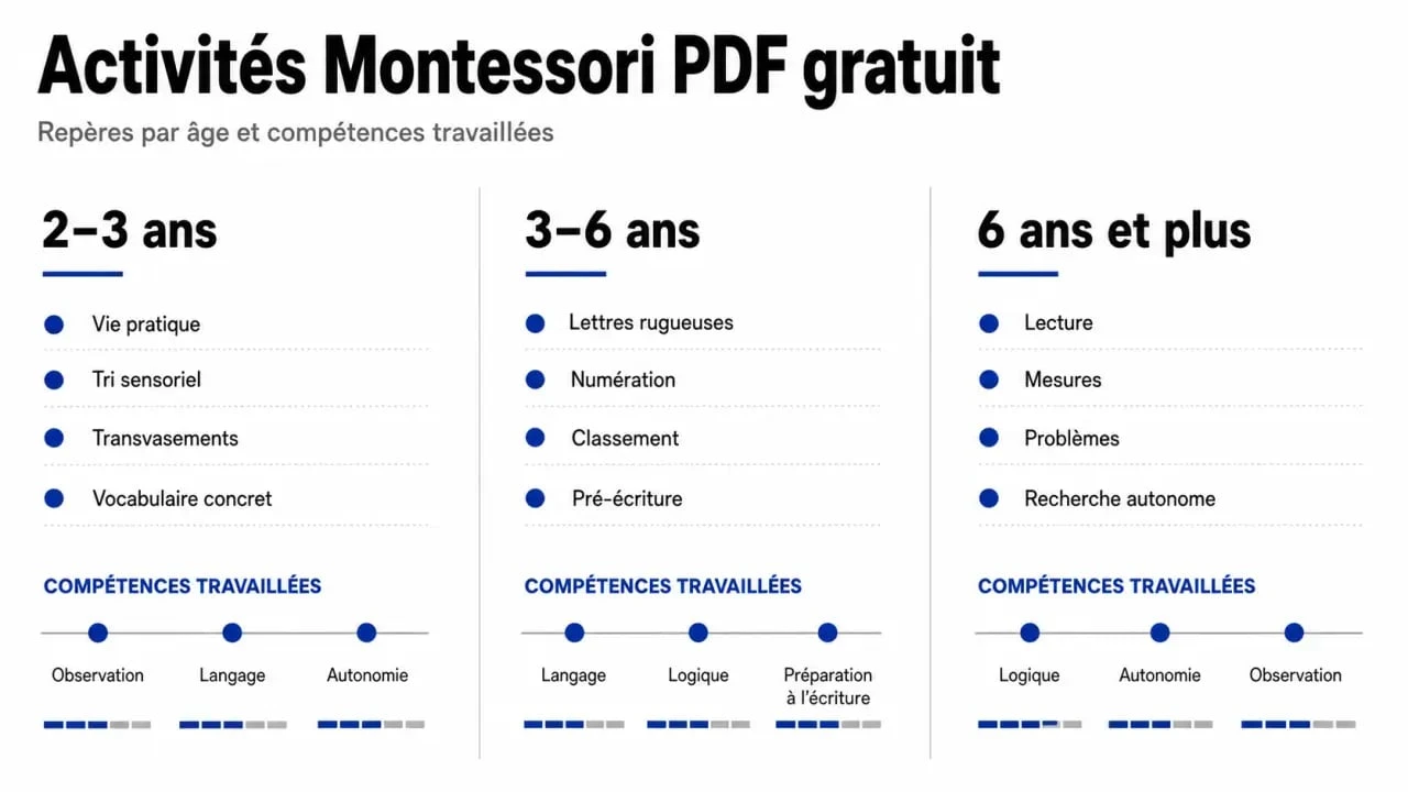 Activités Montessori PDF gratuit : résumé visuel des activités selon l’âge et les compétences travaillées