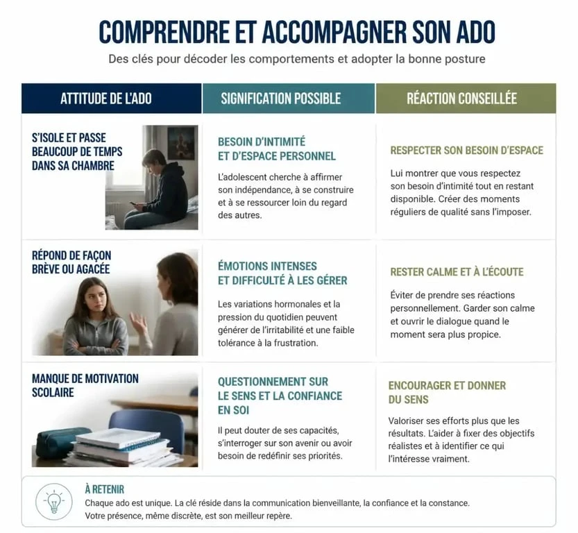 Infographie sur les comportements de l'adolescent et comment réagir en tant que mère, expliquant pourquoi un ado déteste sa mère.