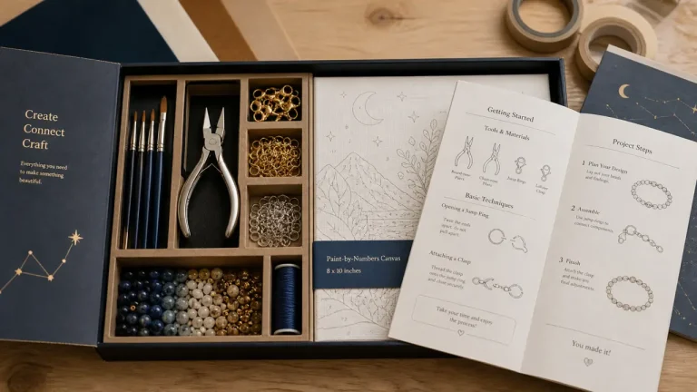 Loisirs créatifs kit : pinceaux et perles sur table en bois