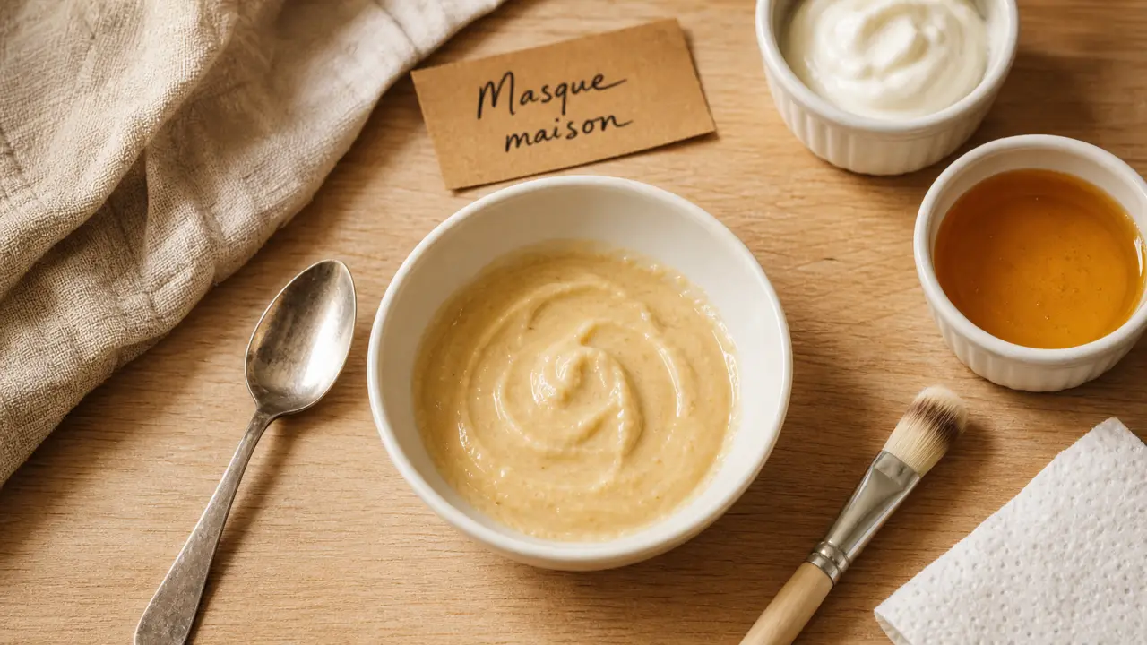 Masque pour le visage maison en miel et yaourt sur plan de travail