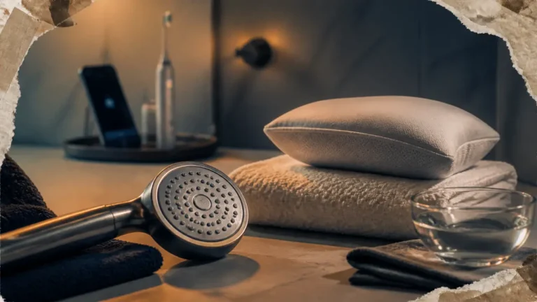 Objet de la maison pour se faire du bien femme : pommeau douche et oreiller en salle de bain