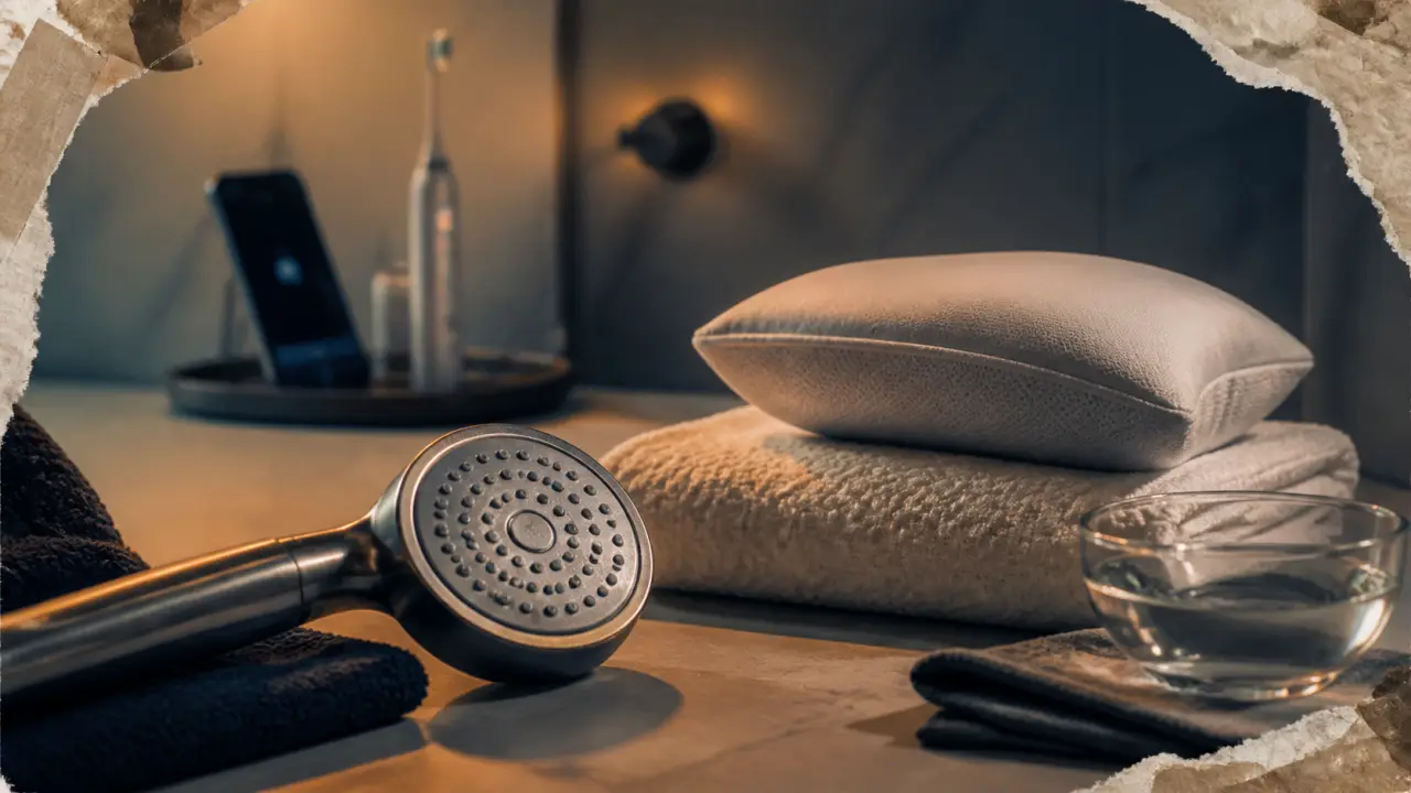 Objet de la maison pour se faire du bien femme : pommeau douche et oreiller en salle de bain