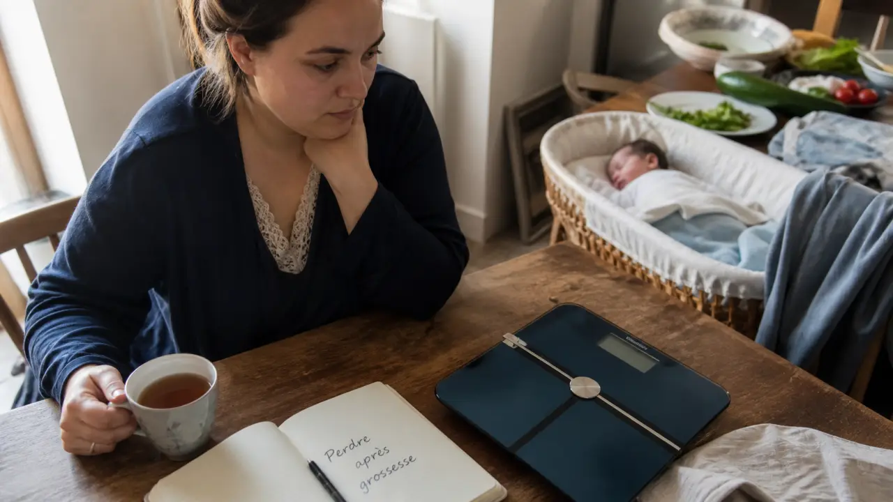 Perdre poids après grossesse : femme post-partum et balance, bébé en arrière-plan