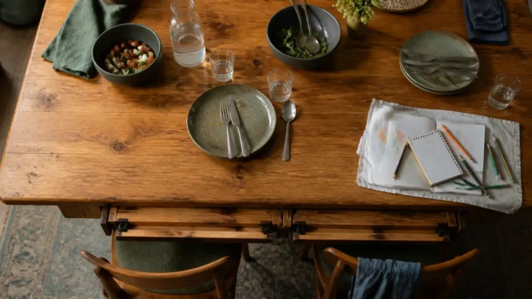 Table de famille extensible en bois, rallonges ouvertes, assiettes et bols