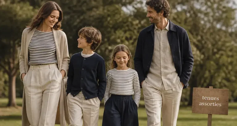Tenue familiale assortie : famille au parc, tenues coordonnées beige et bleu marine