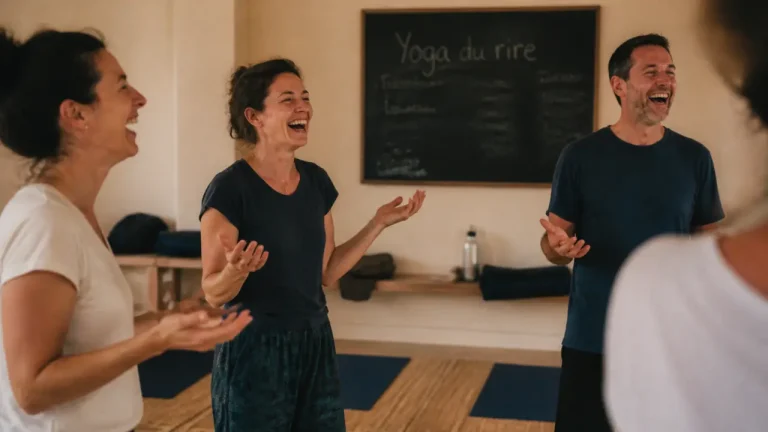 Yoga du rire exercices : groupe adulte qui rit, intérieur calme
