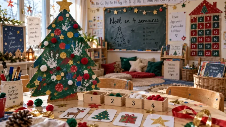 Activités noel maternelle : sapin en carton avec gommettes et empreintes