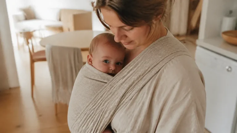Avantage portage bébé : bébé apaisé contre le torse en écharpe