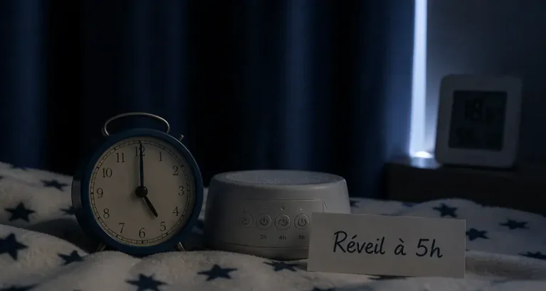 Bebe reveil 5h, chambre sombre et bruit blanc