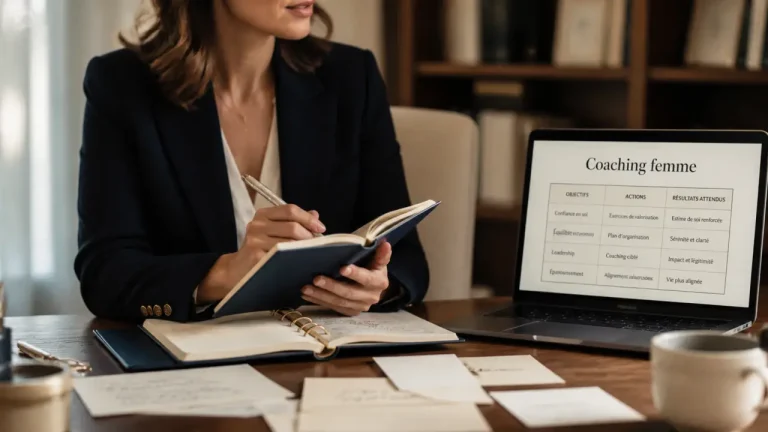 Coaching femme : confiance et leadership, carnet et laptop sur table