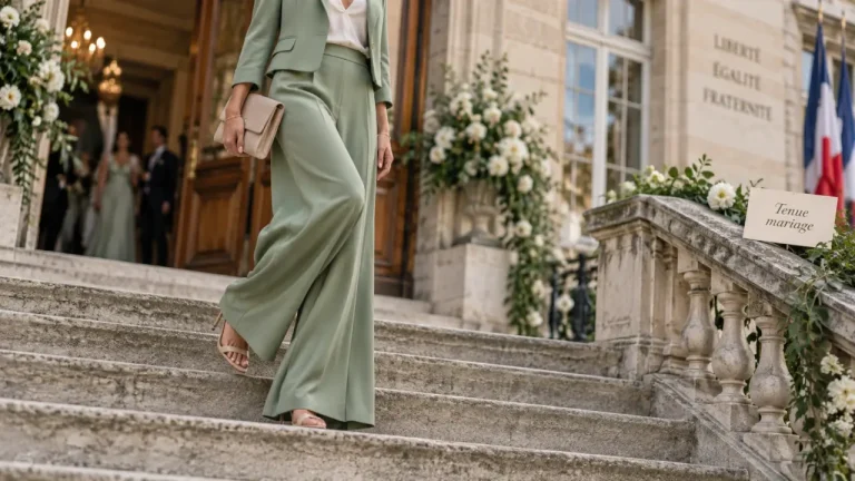 Costume femme mariage vert sauge, invitée sur escalier de mairie