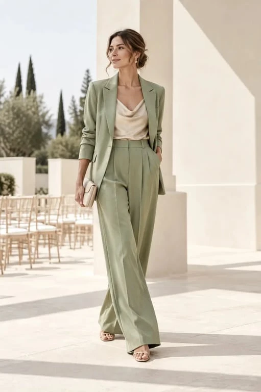 Costume femme mariage fluide vert sauge pour invitée