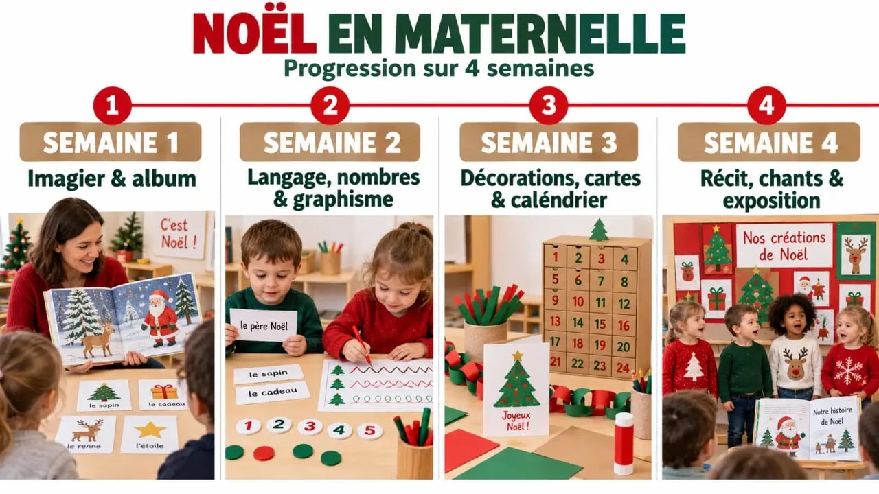 Progression visuelle sur quatre semaines d'activités de Noël en maternelle