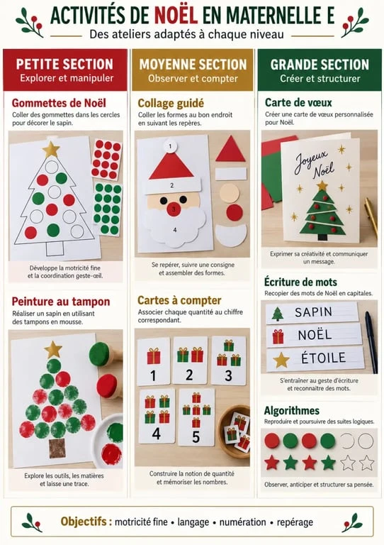 Infographie des activités de Noël en maternelle selon la petite, moyenne et grande section