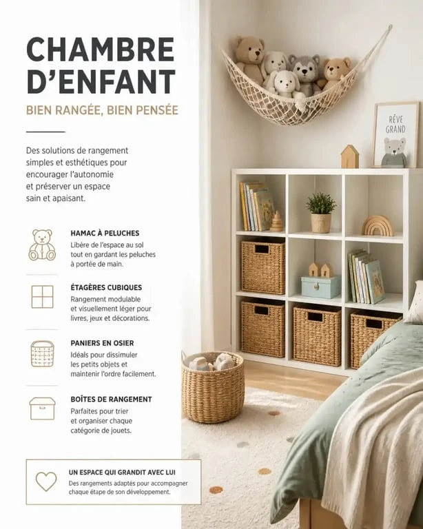 Idées de rangement pour peluches dans une chambre d'enfant organisée