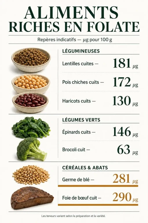Infographie des principaux aliments riches en folate et en vitamine B9