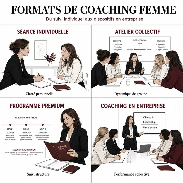 Coaching femme : comparaison visuelle des formats individuel, collectif, programme signature et coaching en entreprise