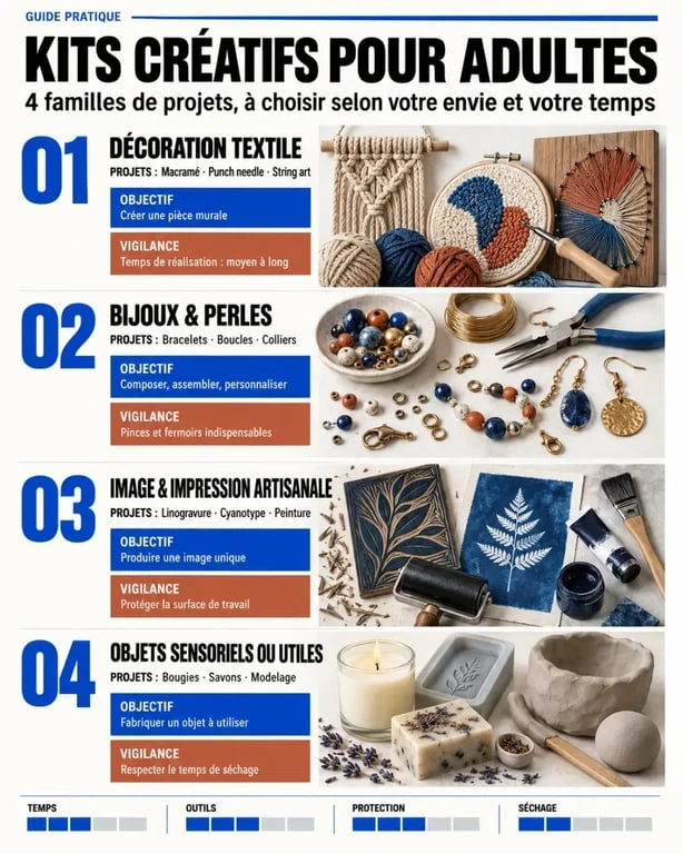 Infographie des kits loisirs créatifs adultes par technique et objectif