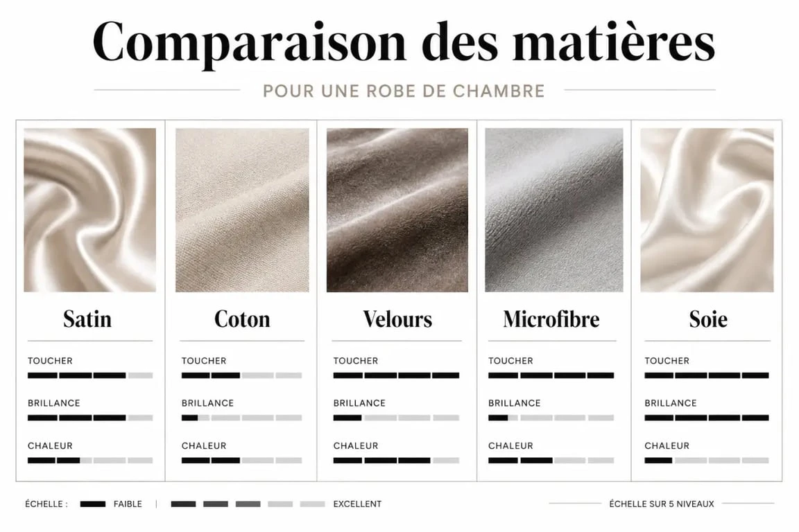Comparatif robe de chambre satin et autres matières en grille éditoriale