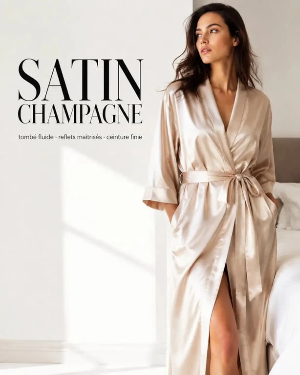 Robe de chambre satin champagne portée dans une chambre lumineuse, tissu fluide et finitions soignées