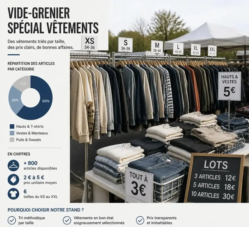 Stand bien organisé pour préparer un vide grenier de vêtements avec portants et étiquettes de prix