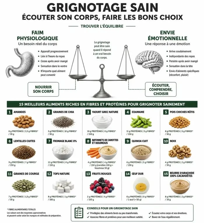 Infographie sur les bienfaits du grignotage sain et les meilleurs aliments pour stabiliser la glycémie