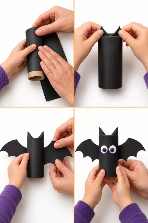 Bricolage facile Halloween : étapes pour fabriquer une chauve-souris avec un rouleau de papier toilette