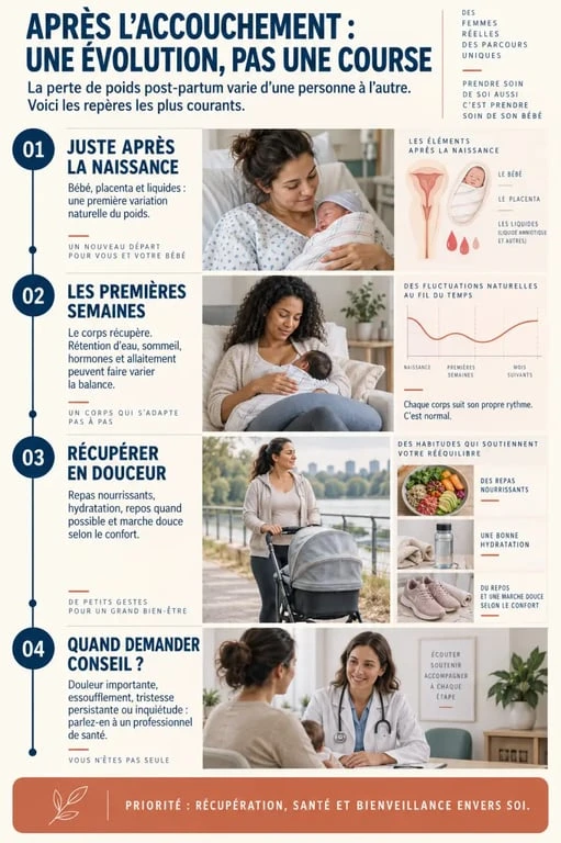 Infographie sur perdre du poid apres grossesse et les étapes normales de la récupération post-partum