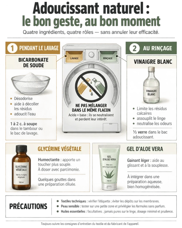 Infographie sur l’adoucissant naturel pour linge et les rôles du vinaigre blanc et du bicarbonate