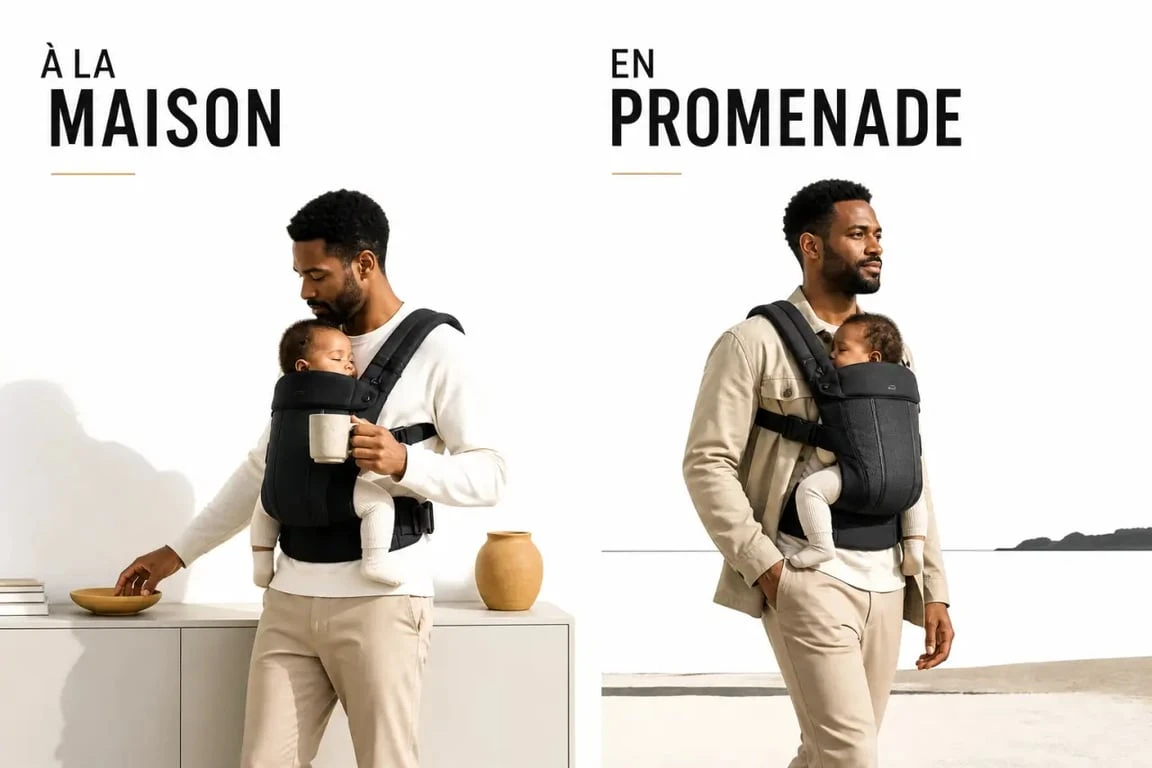 Avantage portage bébé : parent portant un nourrisson en porte-bébé avec les mains libres et une posture confortable