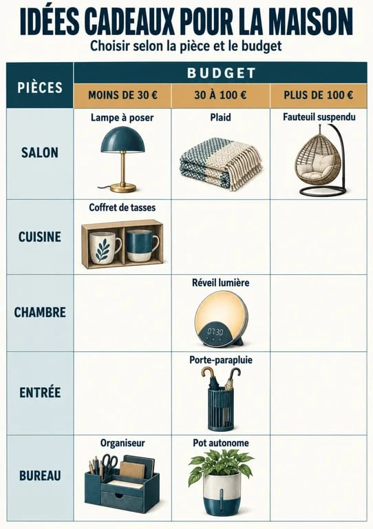 Infographie d’idées cadeaux pour la maison par pièce et par budget